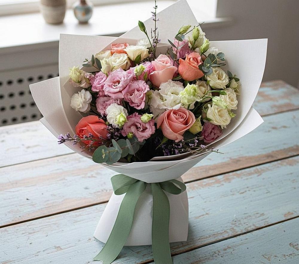 Букет цветов из: Розы, Лизиантусы и Гвоздики в Билибино